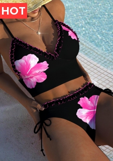Tie Mid Waisted Floral Print Black Bikini Set