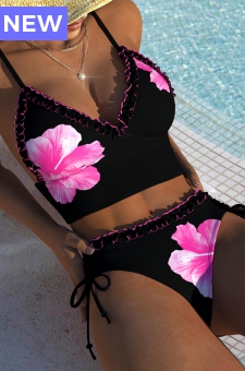Tie Mid Waisted Floral Print Black Bikini Set