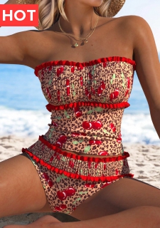 Two Piece Mid Waisted Leopard Red Tankini Set