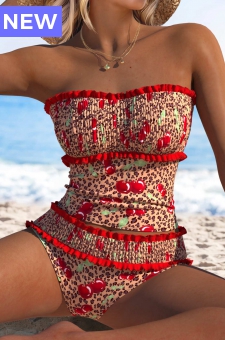 Two Piece Mid Waisted Leopard Red Tankini Set