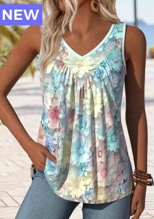 Light Blue Patchwork Floral Print Sleeveless Tank Top