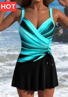 Drawstring Ombre Cyan One Piece Swimdress