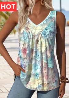 Light Blue Patchwork Floral Print Sleeveless Tank Top