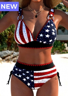 High Waisted American Flag Print Multi Color Bikini Set