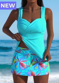 Mid Waisted Leaf Print Cyan Tankini Set