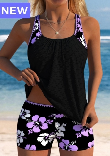 Mid Waisted Floral Print Light Purple Tankini Set