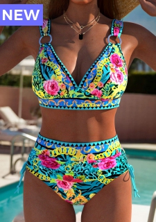 High Waisted Floral Print Cyan Bikini Set