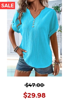 Blue Button Short Sleeve Split Neck T Shirt