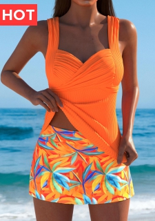 Mid Waisted Leaf Print Orange Tankini Set