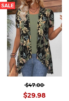 Green Leaf Print Short Sleeve Light Cardigan