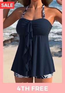 Ruffle Tropical Plants Print Navy Tankini Set