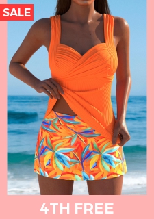 Mid Waisted Leaf Print Orange Tankini Set