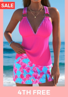 Mid Waisted Marine Life Print Hot Pink Tankini Set
