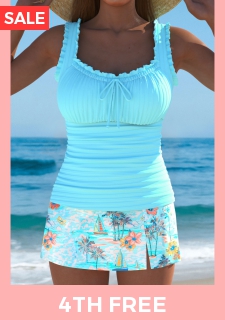 Mid Waisted Tropical Plants Print Cyan Tankini Set
