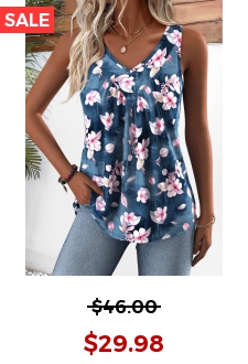 Denim Blue Random Floral Print Sleeveless Tank Top