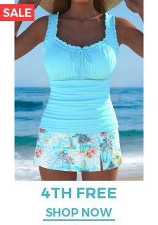 Mid Waisted Tropical Plants Print Cyan Tankini Set