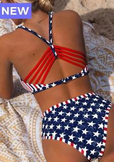Mid Waisted American Flag Print Navy Bikini Set