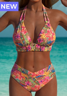 Mid Waisted Tropical Plants Print Pink Bikini Set