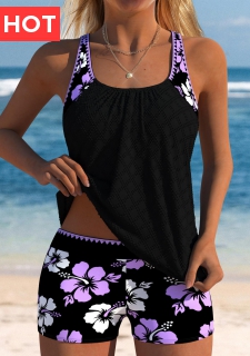 Mid Waisted Floral Print Light Purple Tankini Set