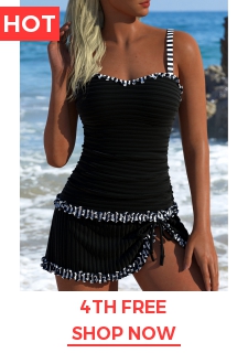Contrast Binding Striped Black Tankini Set