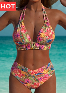 Mid Waisted Tropical Plants Print Pink Bikini Set
