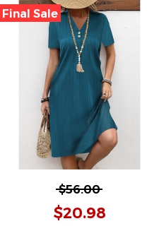 Turquoise Button A Line Short Sleeve V Neck Dress