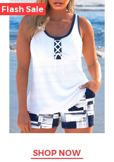 Jacquard Geometric Print Navy Tankini Set