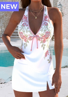 Mid Waisted Random Floral Print Pink Tankini Set