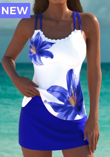 Mid Waisted Floral Print Royal Blue Tankini Set