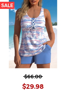 Lace Up Leaf Print Dusty Blue Tankini Set