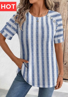 Blue Geometric Print Short Sleeve Round Neck Blouse