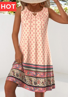 Multi Color Cut Out Tribal Print A Line Dress