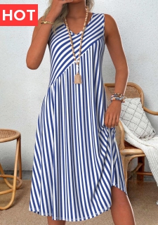Blue Patchwork Striped A Line Sleeveless V Neck Dress