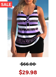 Lace Up Striped Light Purple Tankini Set