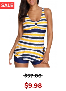Striped Layered Hem Drawstring Side Tankini Set