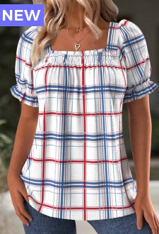 White Plaid Short Sleeve Square Neck T Shirt