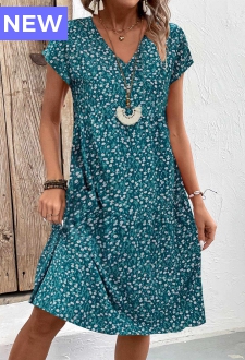 Turquoise Patchwork Floral Print A Line Short Sleeve Dress