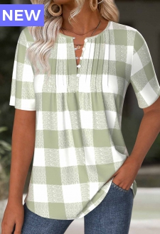 Light Green Plaid Short Sleeve Split Neck T Shirt