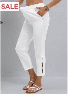 White Button Elastic Waist High Waisted Pants
