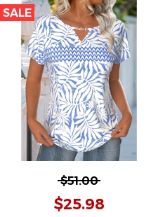 Blue Cut Out Leaf Print Short Sleeve T Shirt