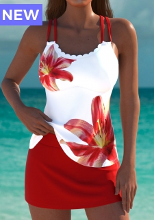 Mid Waisted Floral Print Red Tankini Set