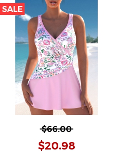 Surplice Floral Print Light Pink One Piece Swimdress