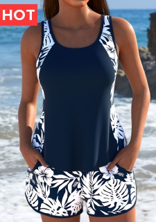 Mid Waisted Floral Print Navy Tankini Set