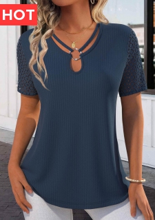 Navy Lace Short Sleeve Tie Collar T Shirt