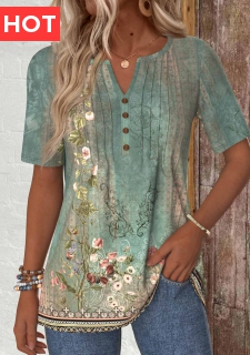 Sage Green Tuck Stitch Random Floral Print T Shirt