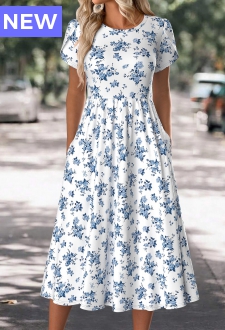 White Floral Print Short Sleeve Round Neck Dress