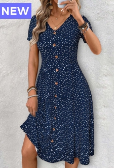 Navy Polka Dot Short Sleeve V Neck Dress