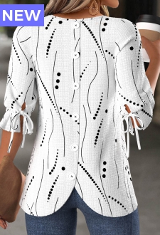 White Geometric Print Half Sleeve Round Neck T Shirt
