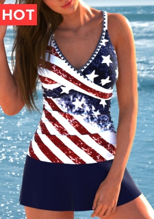 Surplice Flag Print Navy Tankini Set