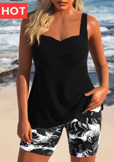 Surplice Feathers Print Black Tankini Set